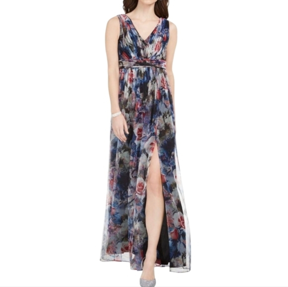 Adrianna Papell Women's V Neck Tulle Ball Gown Party Dress Slit Plus Size 16 New